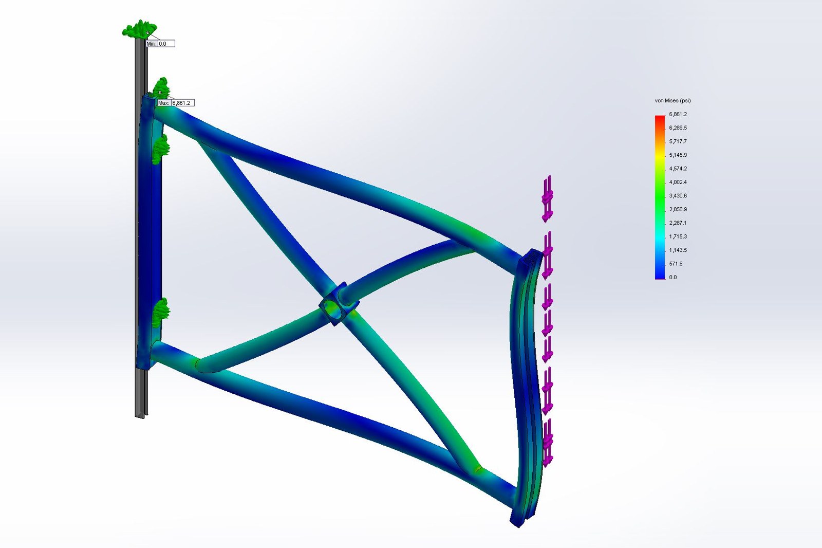 FEA von Mises stress plot of a braced tubular frame under load, legend visible