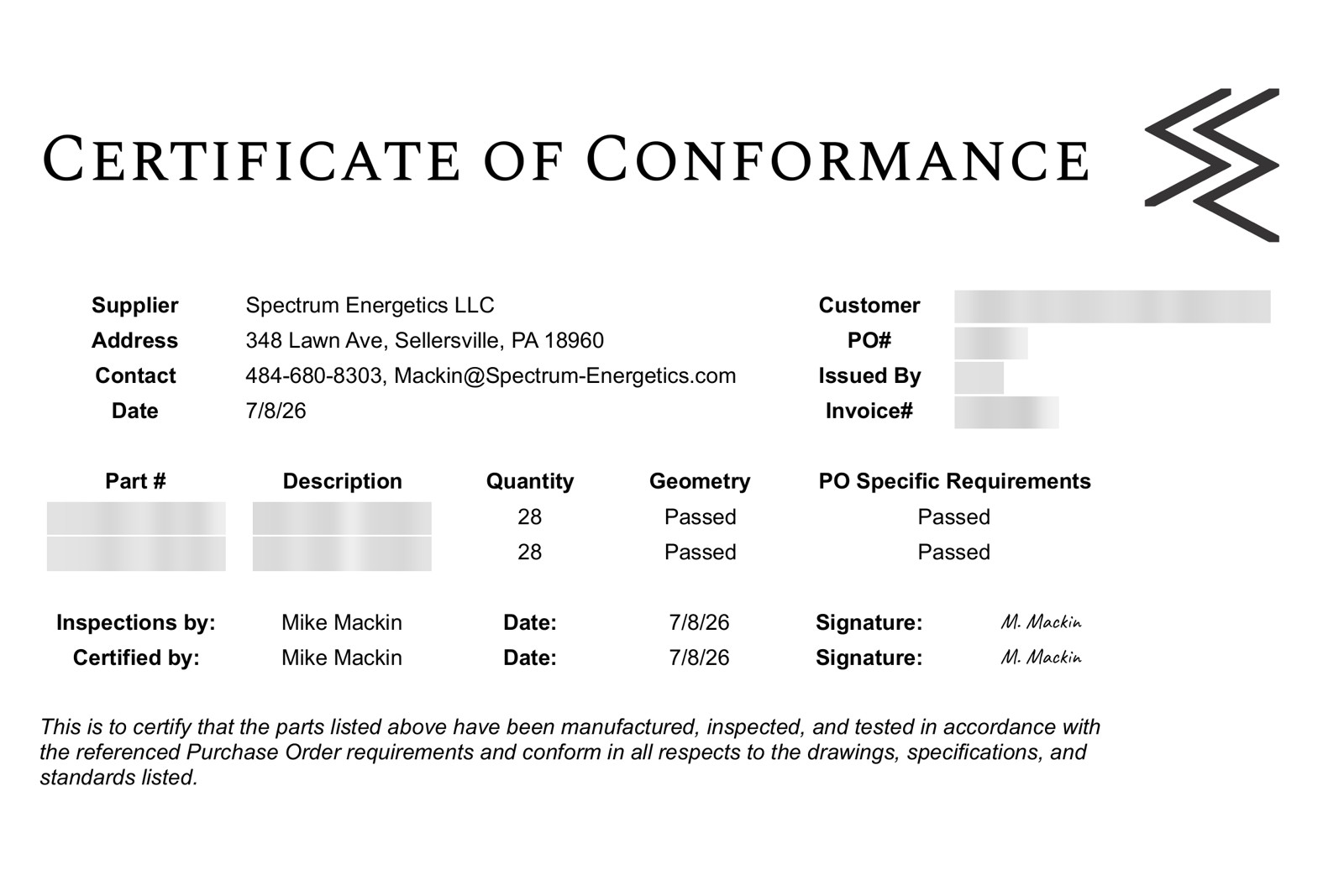 Spectrum Energetics certificate of conformance, with customer and part details blurred